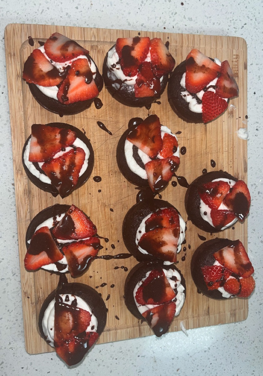 Strawberry chocolate muffins with balsamic glaze